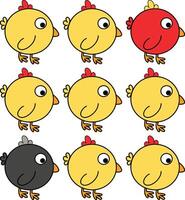 Set of yellow chicks with two different ones, one black and the other red vector
