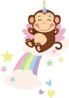 Unicorn monkey on rainbow with clouds vector