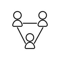 A black and white icon depicting three people connected in a triangular network. vector