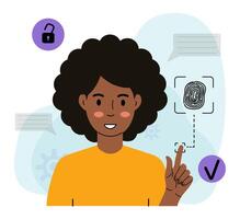 Woman Using Fingerprint Biometrics checkmark appears vector