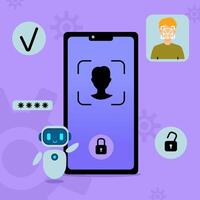A robot stands next to a smartphone with a face unlock screen, a padlock, and an open padlock. vector