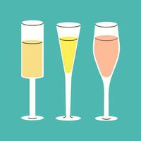 Three glasses of champagne, each with a different colored beverage vector
