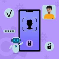 A robot stands next to a smartphone with a face unlock screen, a padlock, and an open padlock. vector