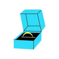 A gold ring with a single diamond sits inside an open blue box. vector