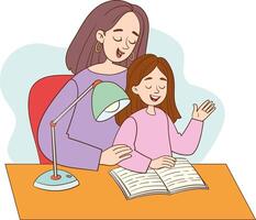 Mother and child sitting at table at home reading book together. Parent and daughter in their free time. Flat illustration isolated on white background vector