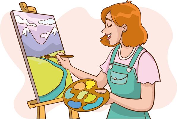 A woman paints a picture at an easel. A young girl paints a landscape the mountains with watercolors and oils. Brushes and palette in the hands of the artist. illustration in flat style