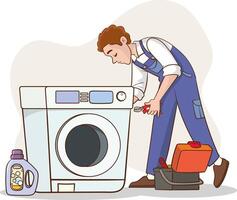 Master with set of professional tools repairs a washing machine. Washing machines repair service. Man character in uniform and washing machine with a breakdown. illustration vector