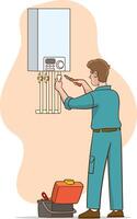 Plumber worker cartoon character in uniform repairing broken gas boiler water heater with tools vector