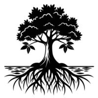 Mangrove Tree roots visible in a coastal setting silhouette on white background vector