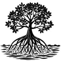 Mangrove Tree roots visible in a coastal setting silhouette on white background vector