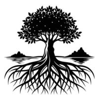 Mangrove Tree roots visible in a coastal setting silhouette on white background vector