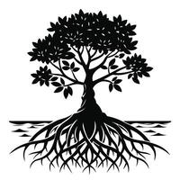 Mangrove Tree roots visible in a coastal setting silhouette on white background vector
