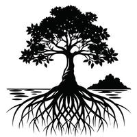 Mangrove Tree roots visible in a coastal setting silhouette on white background vector