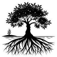 Mangrove Tree roots visible in a coastal setting silhouette on white background vector