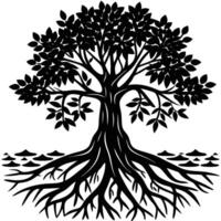 Mangrove Tree roots visible in a coastal setting silhouette on white background vector