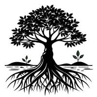 Mangrove Tree roots visible in a coastal setting silhouette on white background vector
