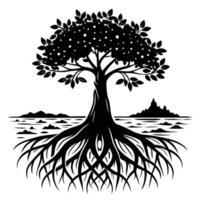 Mangrove Tree roots visible in a coastal setting silhouette on white background vector