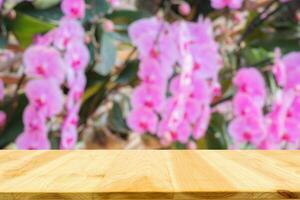 Empty wood table top with blur orchid garden background for product display photo