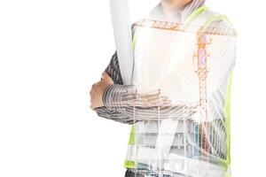 Double exposure image of professional engineer in protective helmet and blueprints paper at building construction site photo