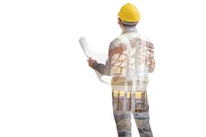 Double exposure image of professional engineer in protective helmet and blueprints paper at building construction site photo