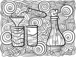 Coloring page with chemical glassware and science experiment in abstract patterns for activity vector