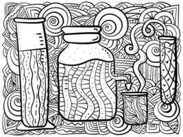 Outline coloring page with measuring laboratory glassware and fantasy pattern lines vector