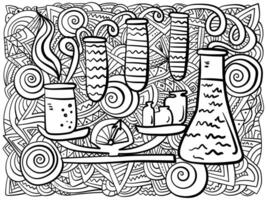 Creative coloring page about science, scales and measured laboratory glassware with fantasy patterns for children and adults vector