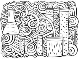 Science horizontal meditative coloring page with laboratory glassware and ornate patterns vector