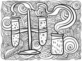 Meditative coloring page about laboratory and science, Test tubes and beaker with ornate patterns vector