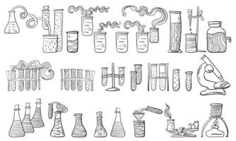 Set of laboratory elements in the style of a meditative coloring page with patterns, laboratory glassware and appliances vector
