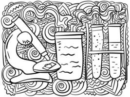 Science horizontal antistress coloring page with microscope, test tubes and patterns vector