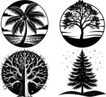 Tree silhouette with a split trunk in a mystical forest vector