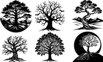 Tree silhouette with a split trunk in a mystical forest vector