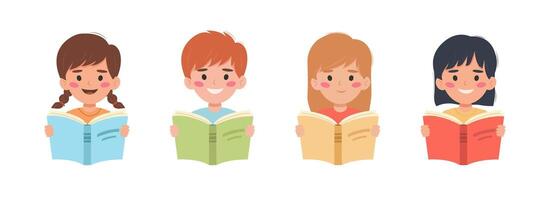 Cute little children with books on color background vector