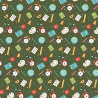 Back to school seamless pattern. Educational digital paper. Cute flat style classroom objects repeating background with supplies, school building, bus, subject icons, books, stationery.. vector