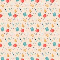 Back to school seamless pattern. Educational digital paper. Cute flat style classroom objects repeating background with supplies, school building, bus, subject icons, books, stationery.. vector