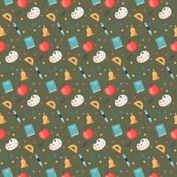 Back to school seamless pattern. Educational digital paper. Cute flat style classroom objects repeating background with supplies, school building, bus, subject icons, books, stationery.. vector