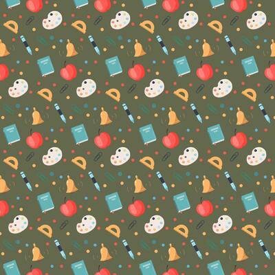 Back to school seamless pattern. Educational digital paper. Cute flat style classroom objects repeating background with supplies, school building, bus, subject icons, books, stationery..