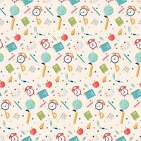 Back to school seamless pattern. Educational digital paper. Cute flat style classroom objects repeating background with supplies, school building, bus, subject icons, books, stationery.. vector