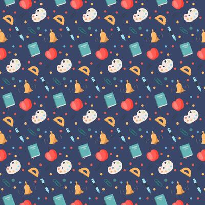 Back to school seamless pattern. Educational digital paper. Cute flat style classroom objects repeating background with supplies, school building, bus, subject icons, books, stationery..