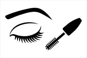 Makeup mascara icon. Open tube of mascara sign. flat Logo of makeup. Black simple illustration of eyelash brush and container. vector