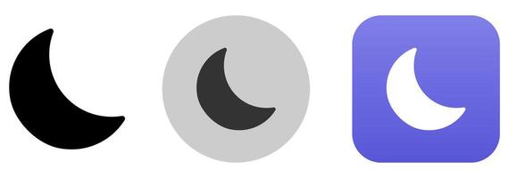 Dark mode icon. Night mode button. Moon symbol in black, grey and violet color. Half moon app sign. vector