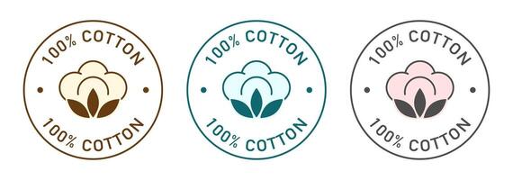 100 percent cotton label design for packaging. Cotton flower icon. Organic fabric color sticker. vector