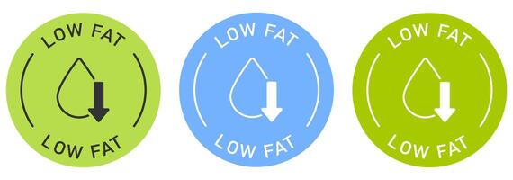 Low fat label design for packaging. Zero fats icon. Illustration, logo, symbol, sign, stamp, tag, emblem, mark or seal for package. No trans fat color sticker. vector