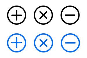 Add tab icon. Cancel symbol. Close tab sign. Collapse page pictogram. Plus minus and multiplying round button. vector