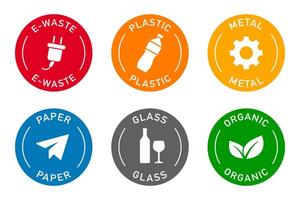 Waste sorting stickers. Waste sorting and separation icons set. Electronic, plastic, metal, glass, paper, organic. vector