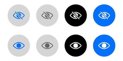 Hide eye button. Hidden symbol. Invisible sign. Off button. Unseen pictogram. Crossed eye illustration. Grey, blue and black button. vector