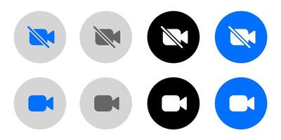 Camera Off icon. No sign. Camera mute symbol. Disable cam pictogram. Camcorder web illustration. Grey, blue and black button. vector