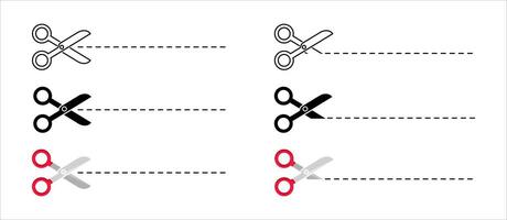 Open scissors line icon set. Red scissors symbol. Cut it sign. Cut line illustration. vector