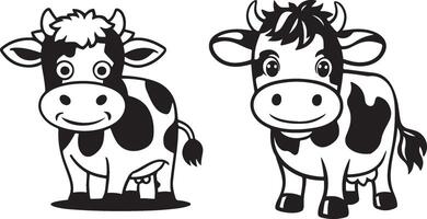 two cows are shown in black and white vector